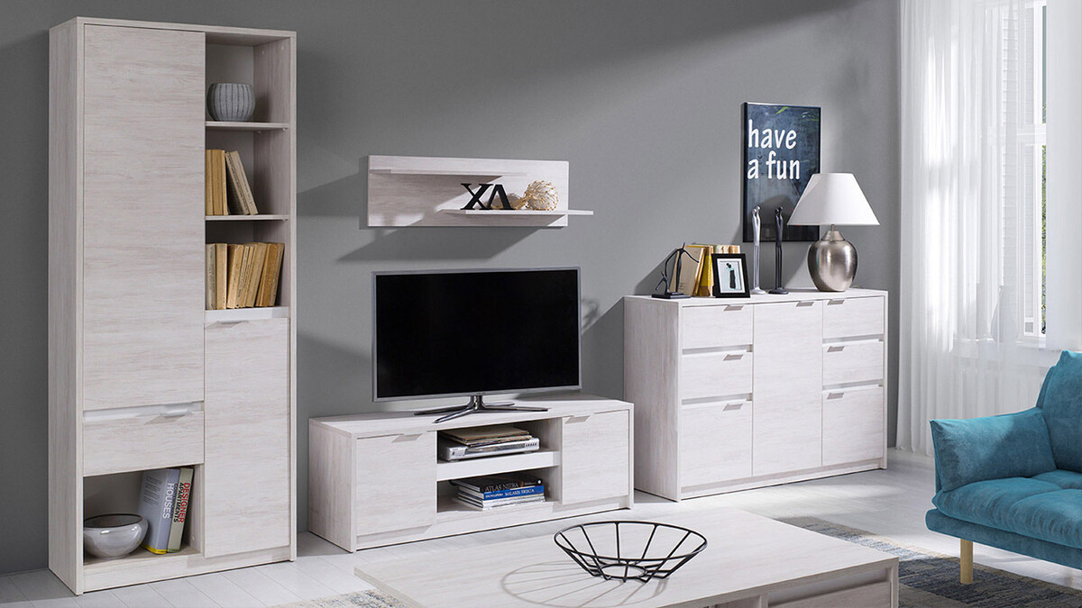 Woonkamerset Fivelbo 117 (Gebleekt eiken + Glanzend wit)