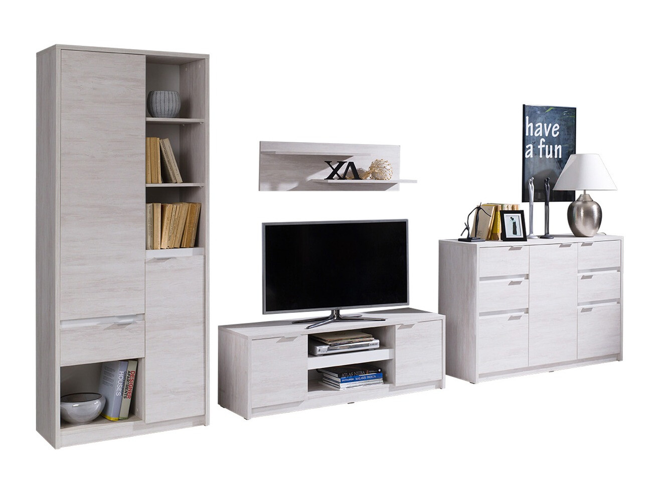 Woonkamerset Fivelbo 117 (Gebleekt eiken + Glanzend wit)
