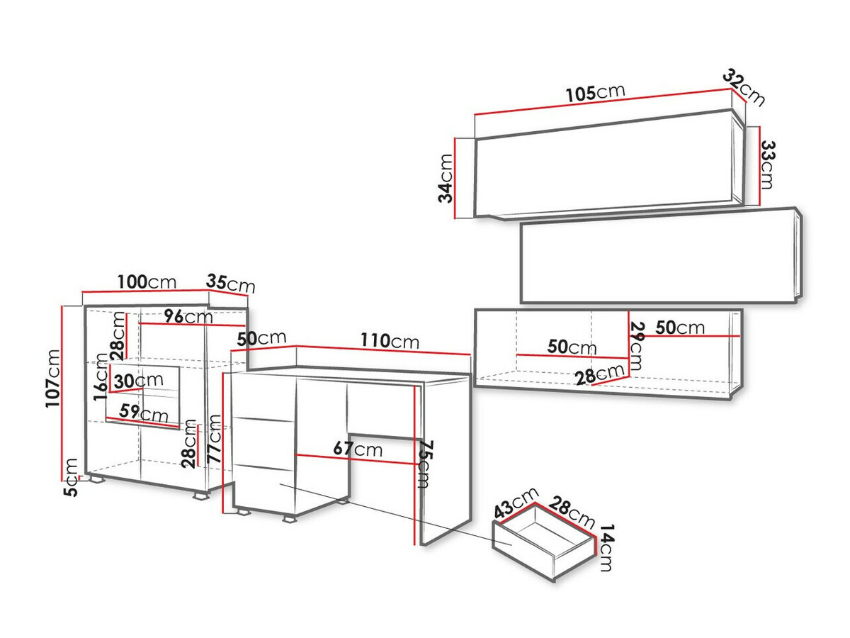 Meubelset Tivdalu 136 (Wit + Glanzend wit)