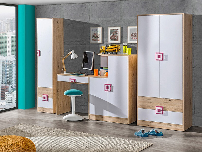 Bureau Balvire 111 (Licht eiken + Wit + Roze)