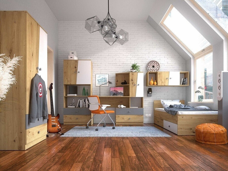 Bureau Mirelbu 110 (Artisan eiken + Glanzend wit + Grijs met glans)