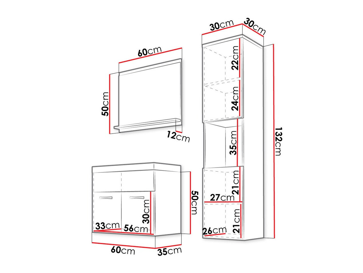 Badkamerset Sarasota 122 (Wit + Grijs met glans)