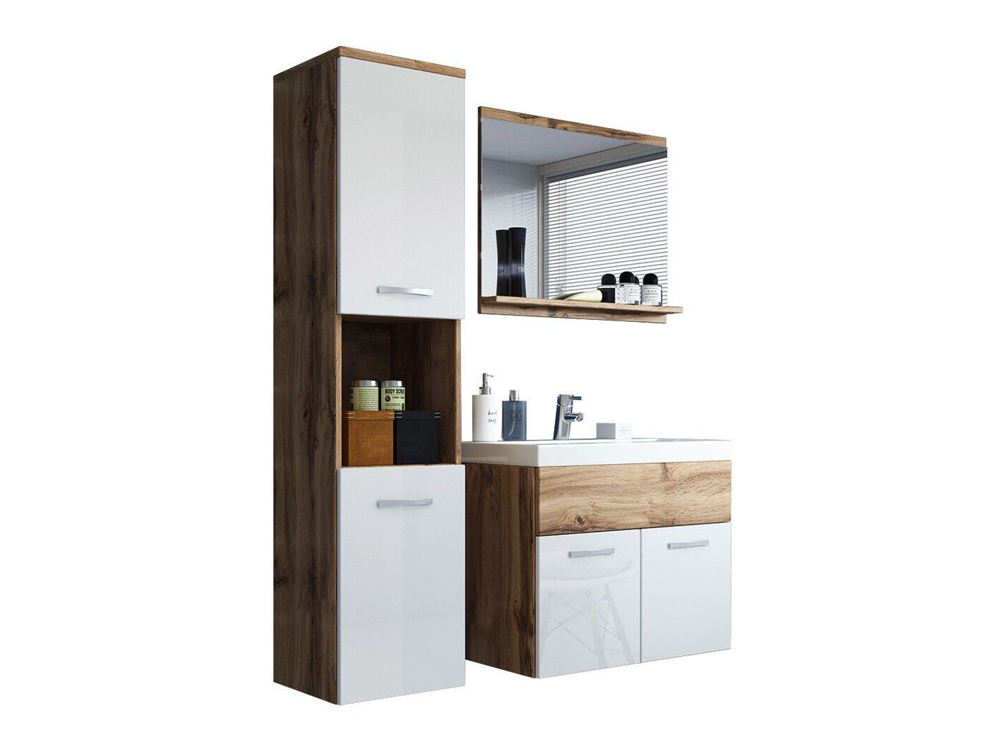 Badkamerset Sarasota 122 (Wotan eik + Glanzend wit)