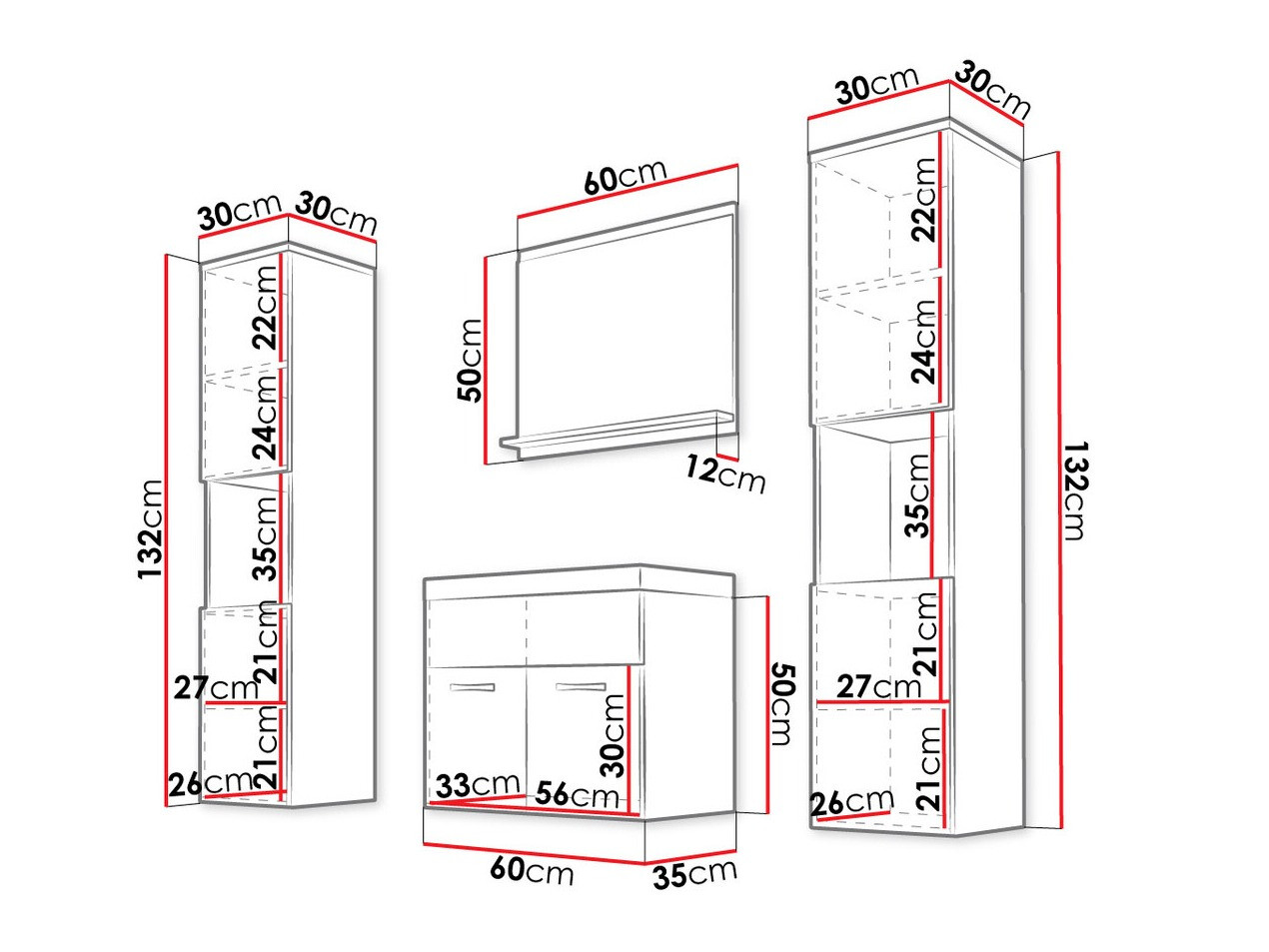 Badkamerset Sarasota 123 (Matera grijs + Glanzend wit)