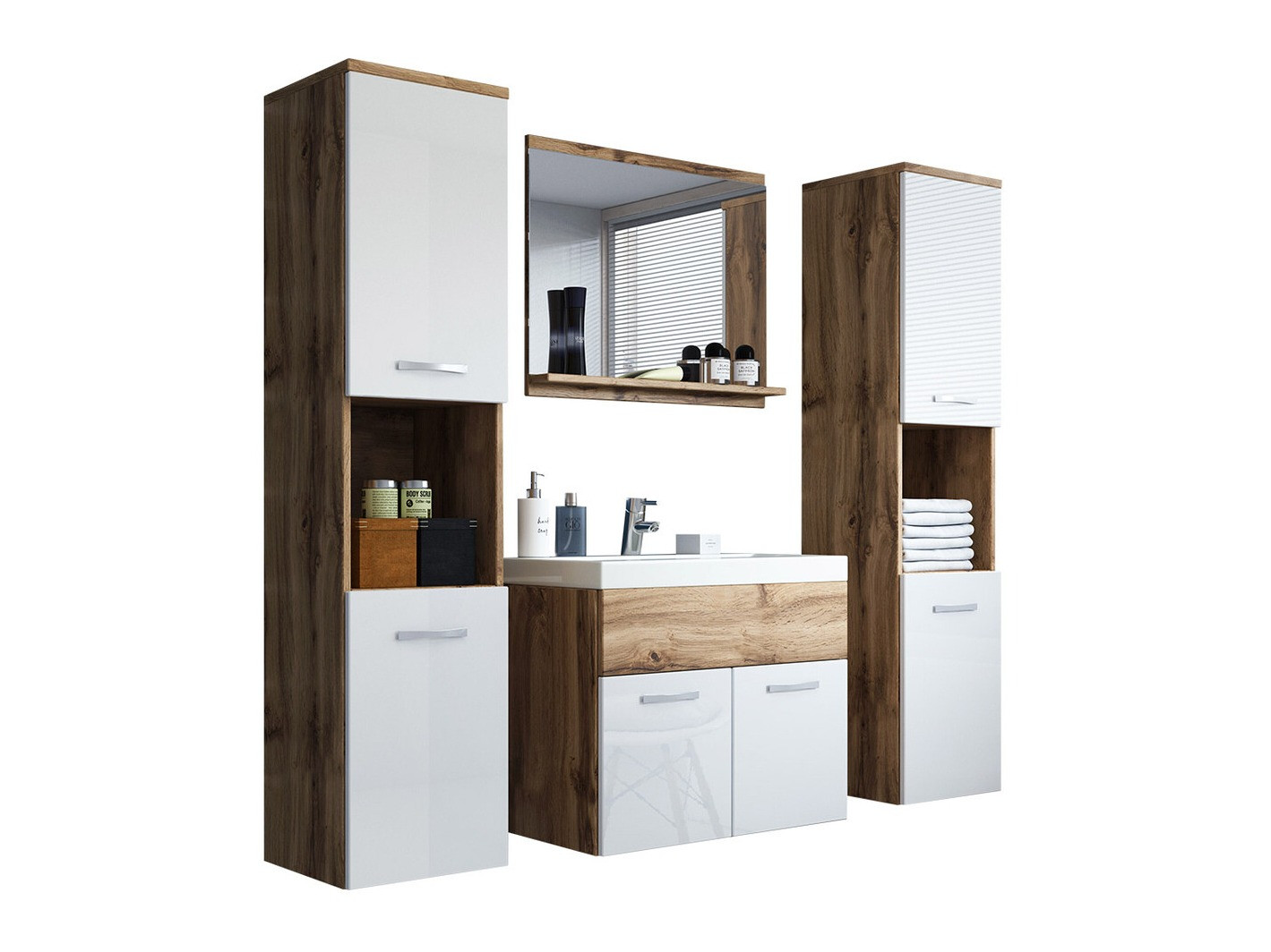 Badkamerset Sarasota 123 (Wotan eik + Glanzend wit)