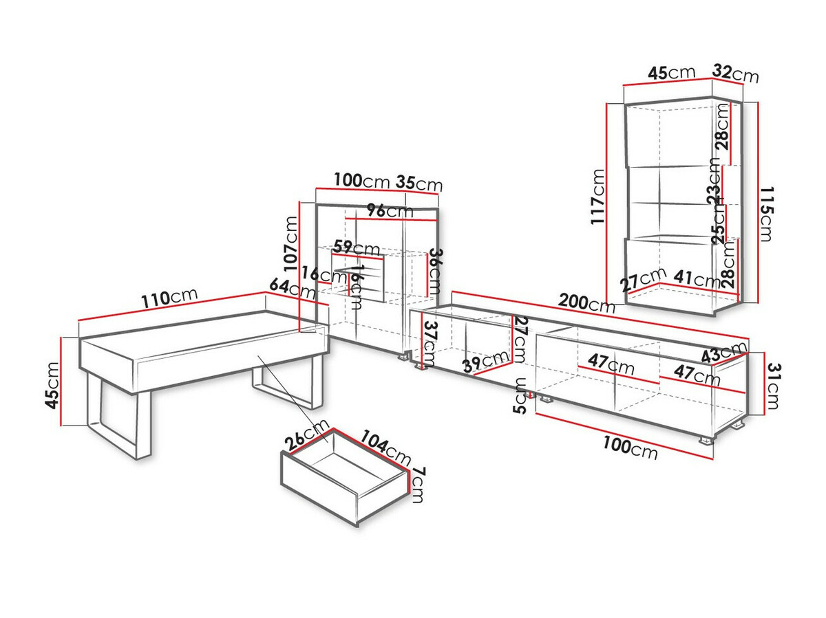 Woonkamerset Tivdalu 140 (Zwart + Glanzend zwart)