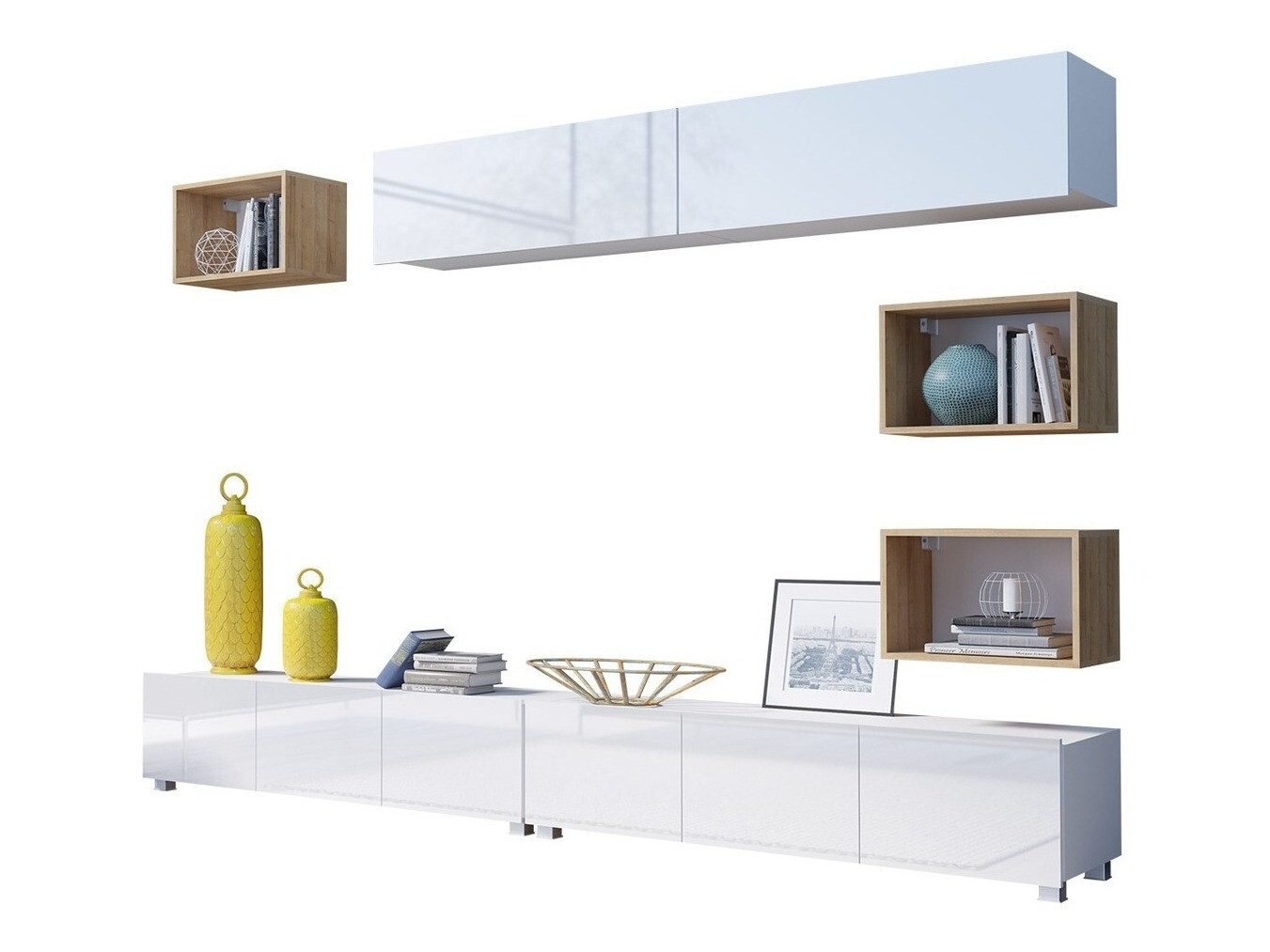 Woonkamerset Remus XXXI (Wit + Glanzend wit + Gouden eik)