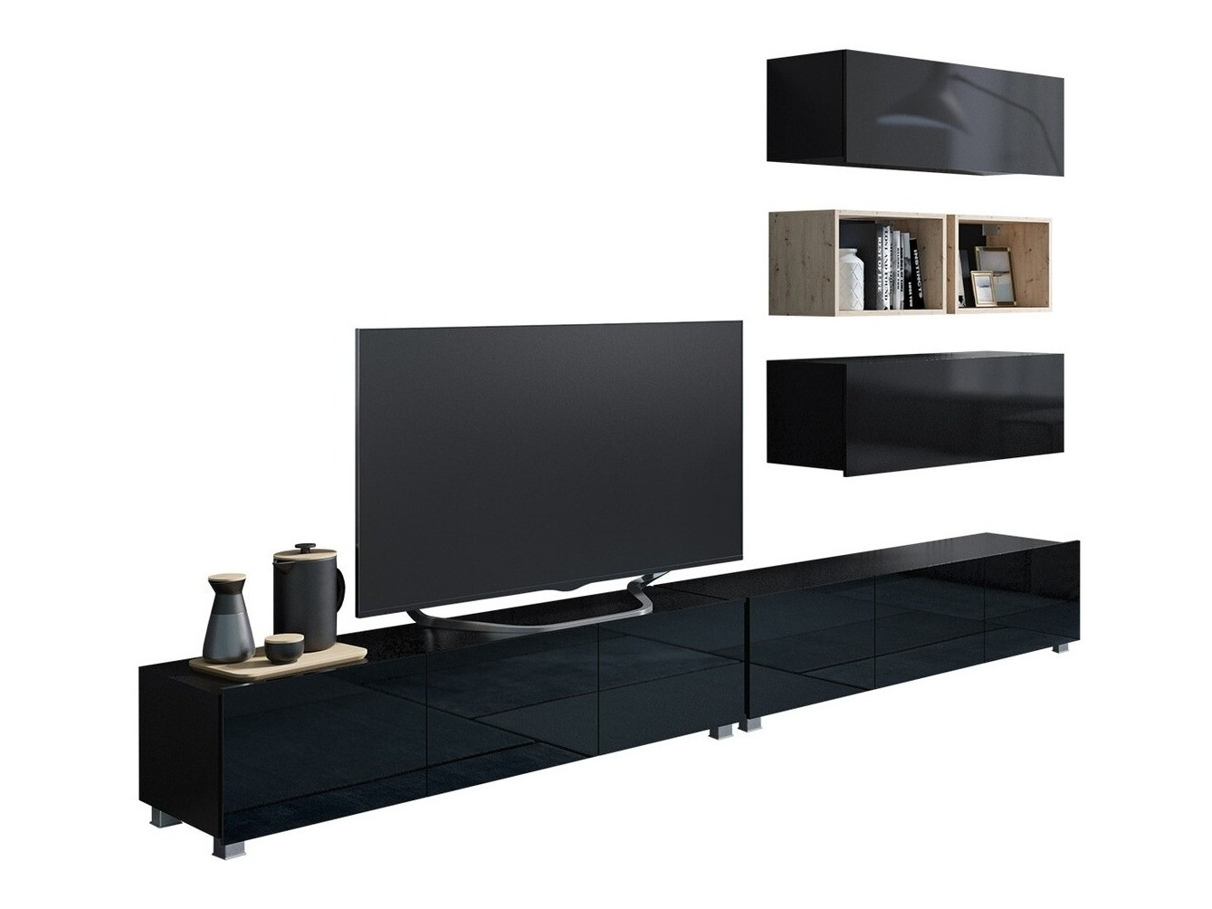 Woonkamerset Tivdalu 147 (Zwart + Glanzend zwart + Artisan eiken)