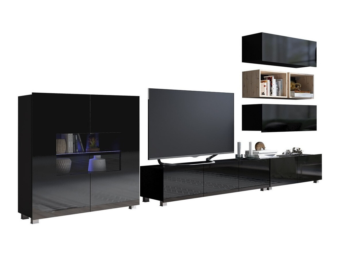 Woonkamerset Tivdalu 148 (Zwart + Glanzend zwart + Artisan eiken)