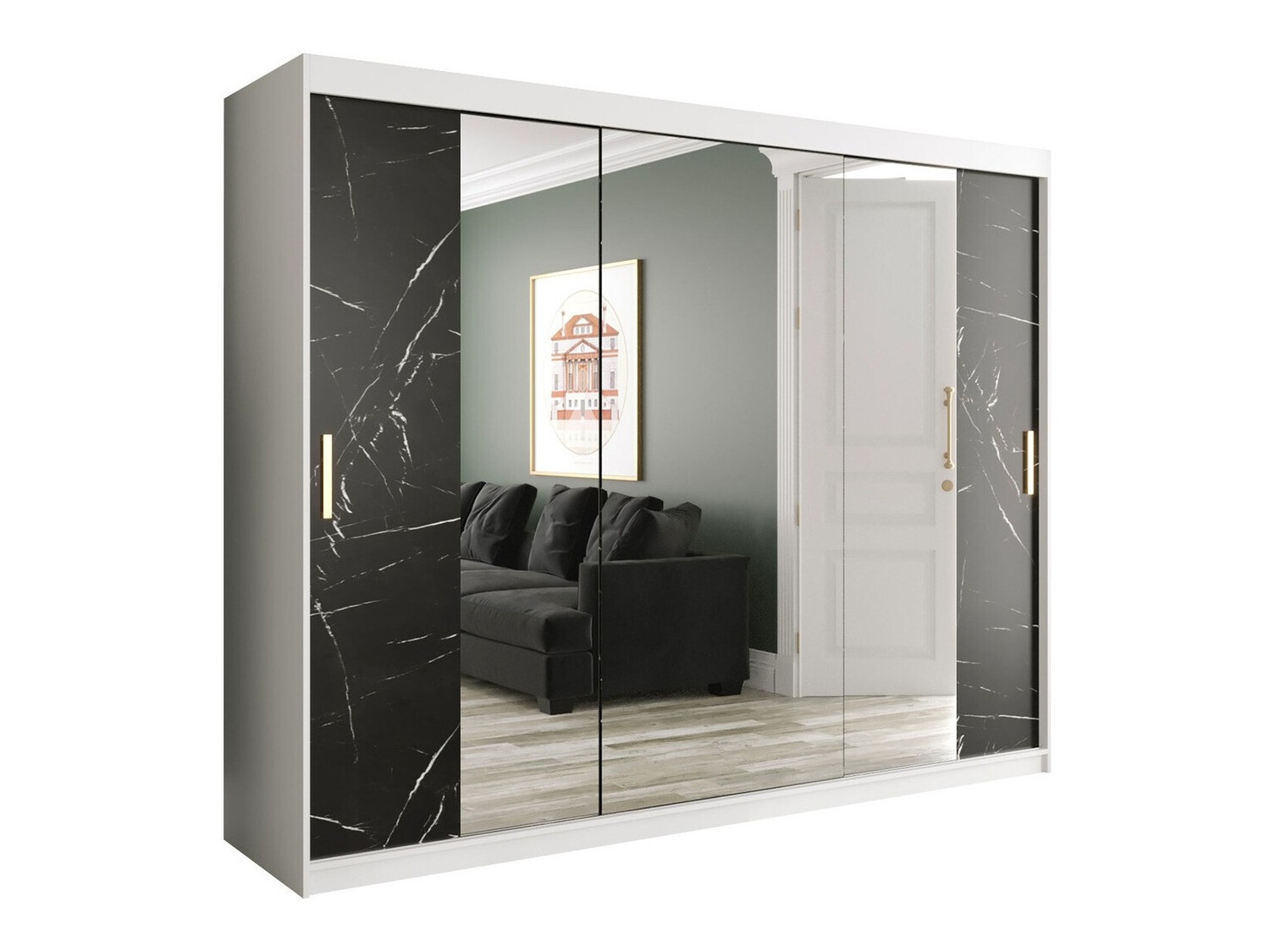 Kledingkast Hartford 263 (Mat wit + Zwart marmer)