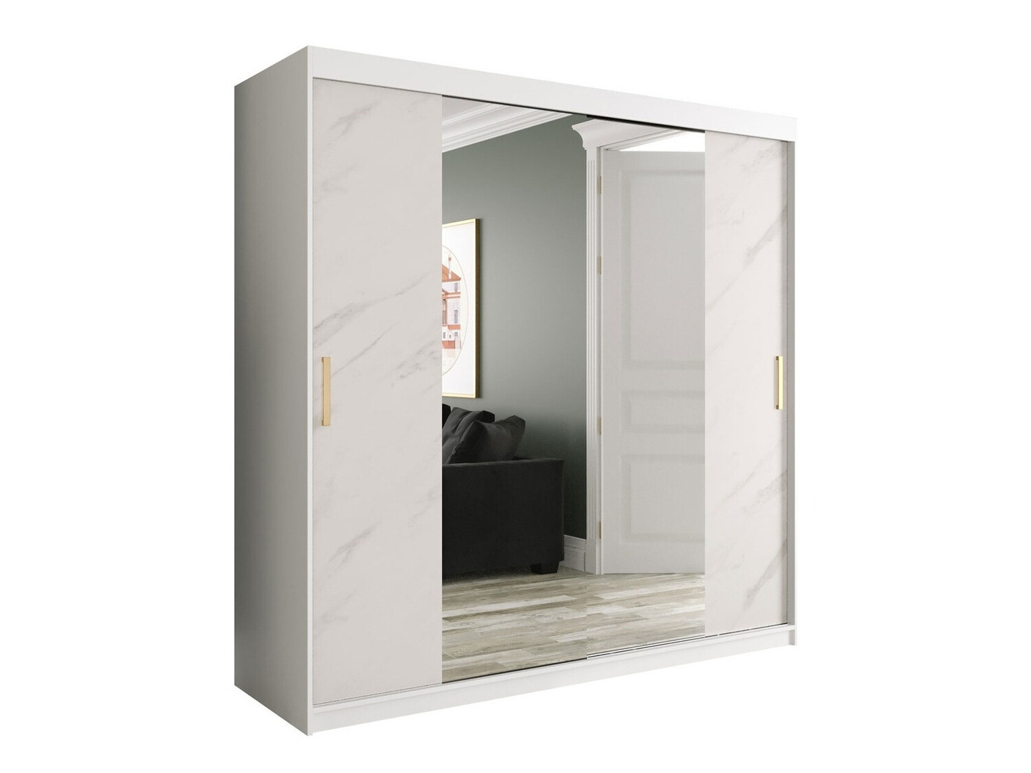 Kledingkast Hartford 256 (Mat wit + Wit marmer)