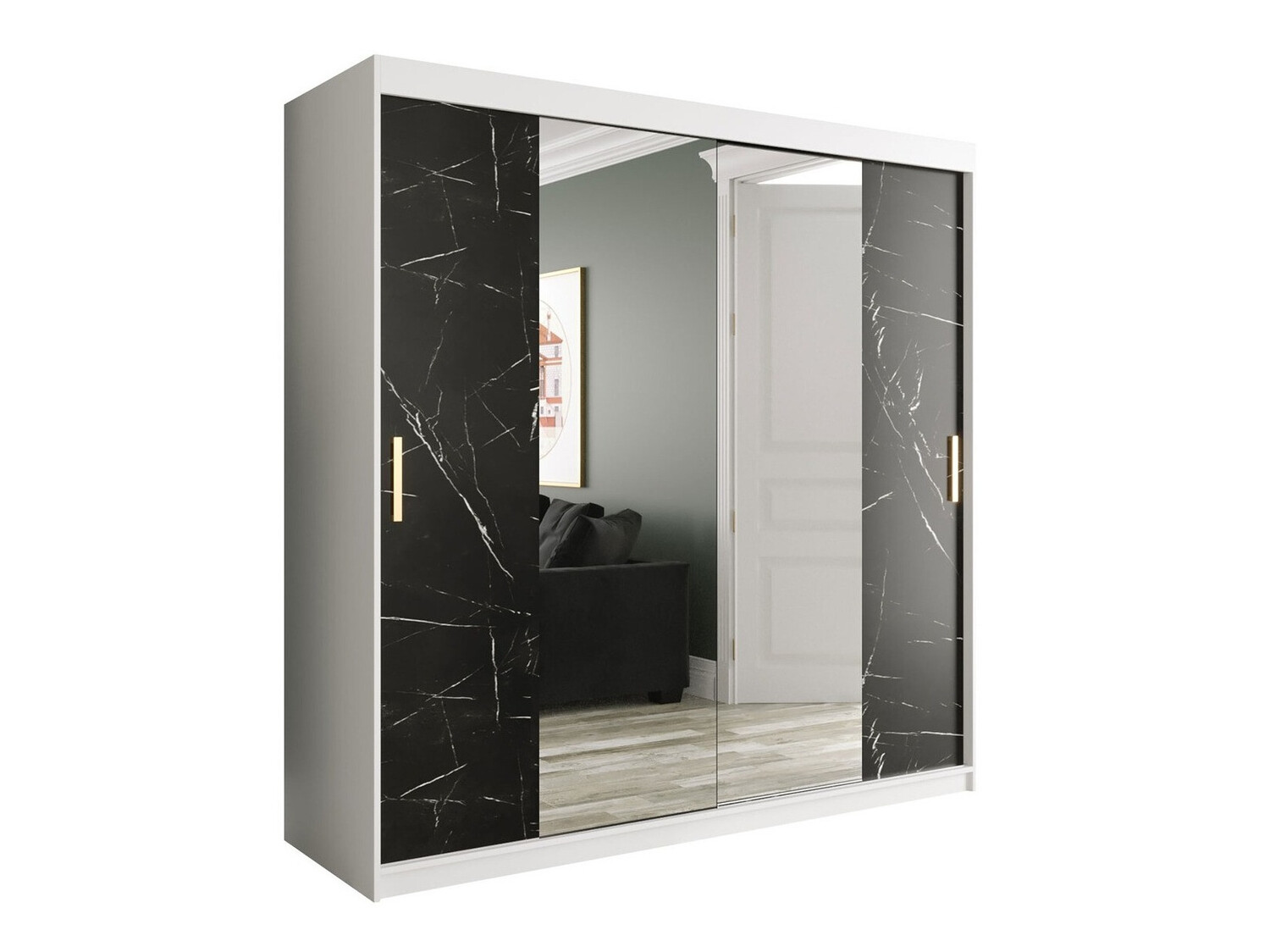Kledingkast Hartford 256 (Mat wit + Zwart marmer)