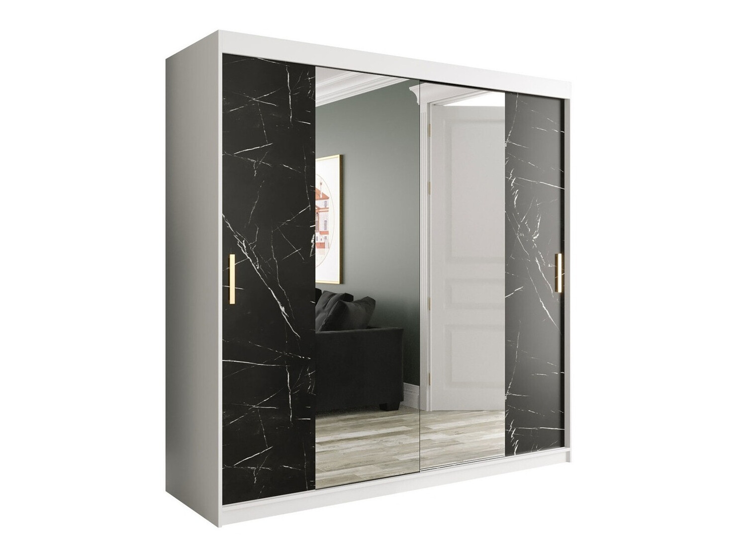 Kledingkast Hartford 256 (Mat wit + Zwart marmer)