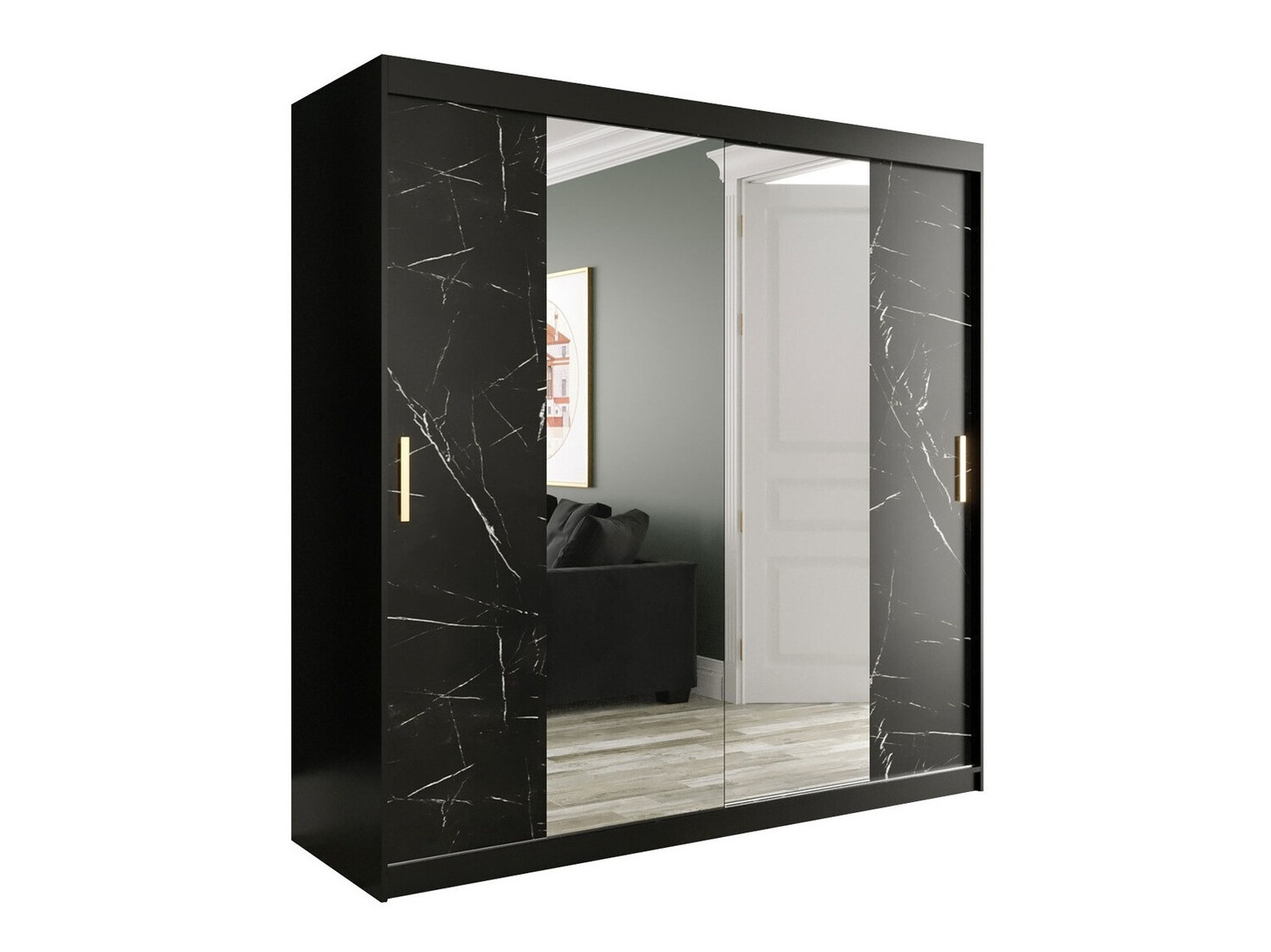 Kledingkast Hartford 256 (Matzwart + Zwart marmer)