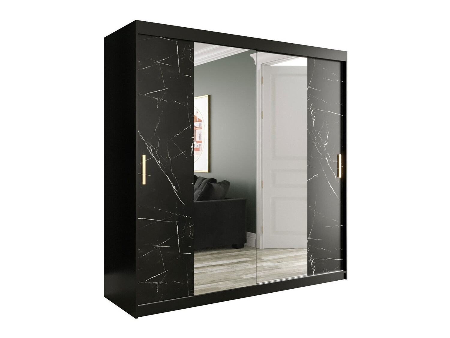Kledingkast Hartford 256 (Matzwart + Zwart marmer)