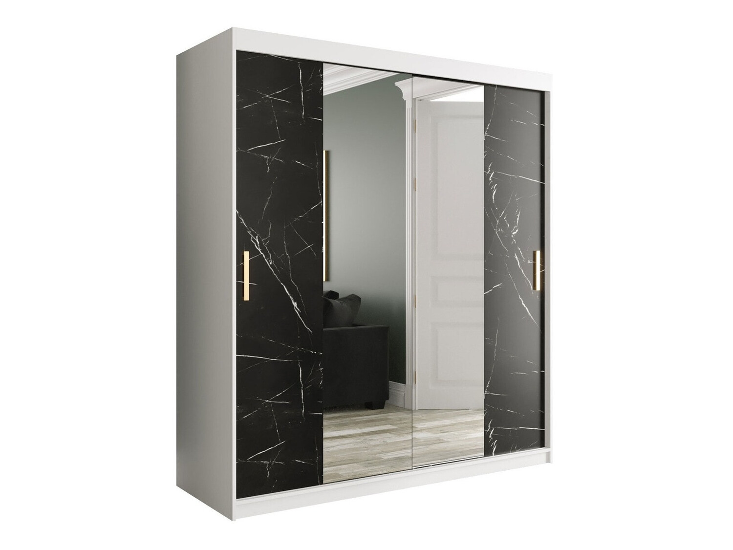 Kledingkast Hartford 255 (Mat wit + Zwart marmer)