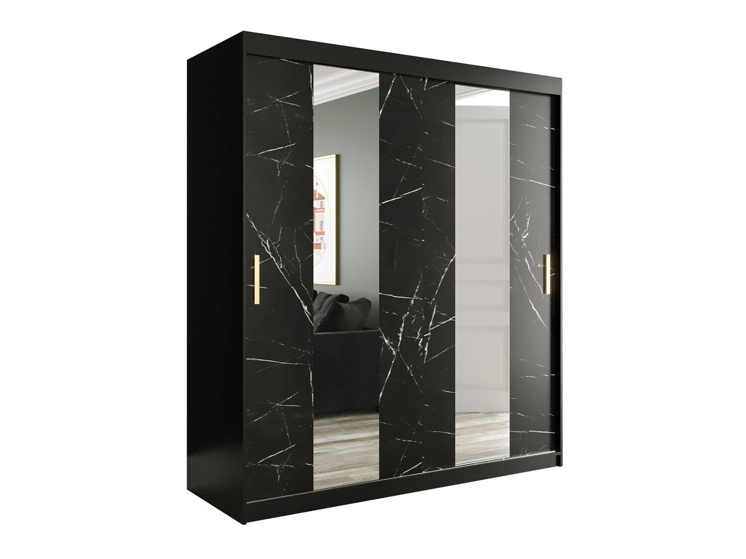 Kledingkast Hartford 243 (Matzwart + Zwart marmer)