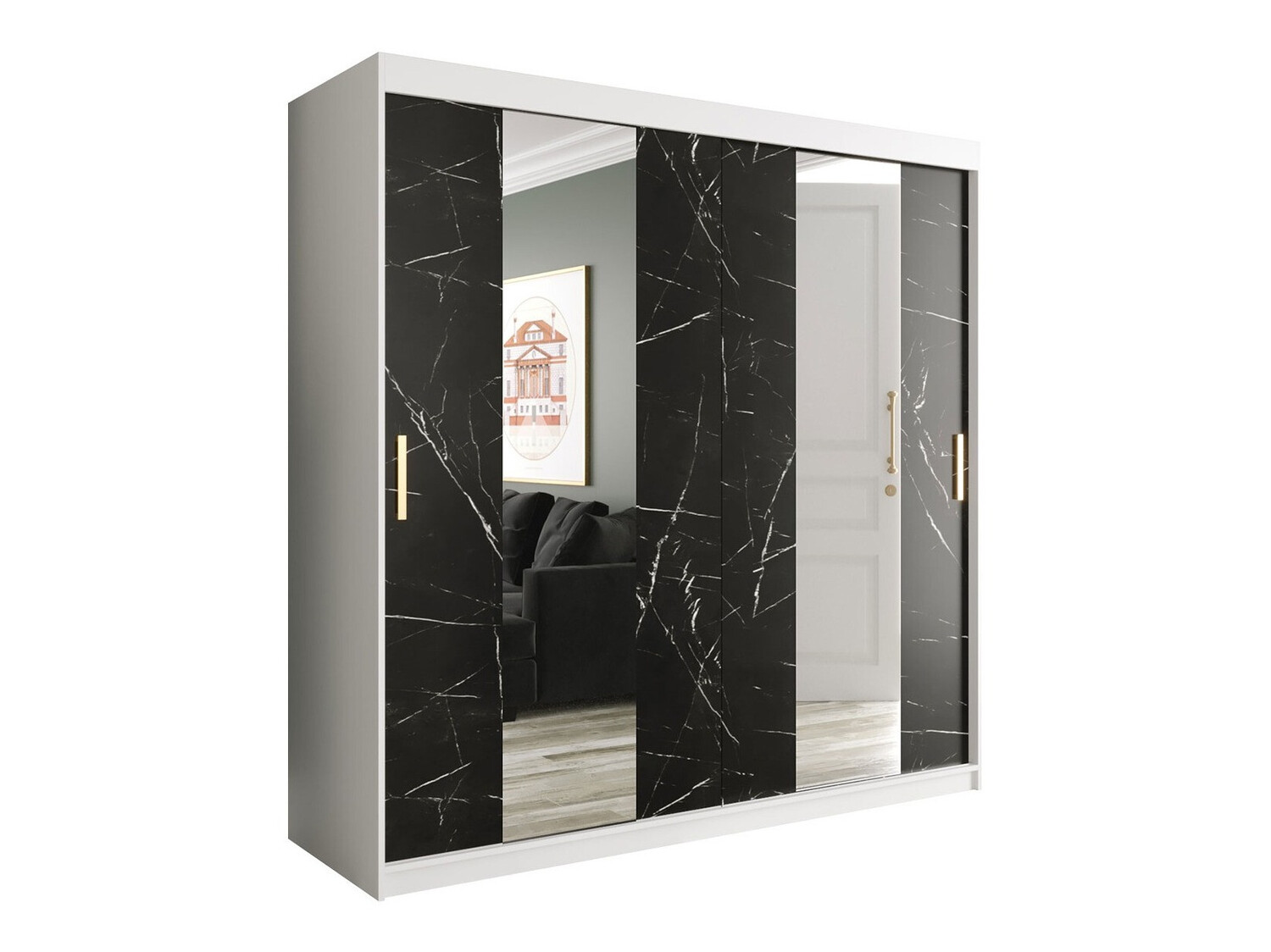 Kledingkast Hartford 244 (Mat wit + Zwart marmer)