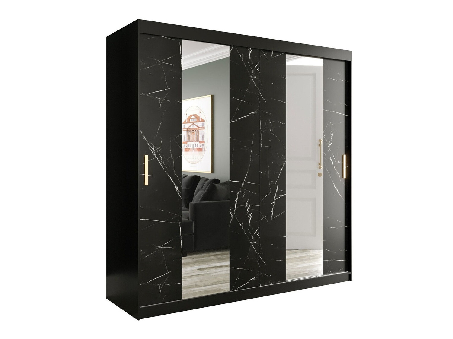 Kledingkast Hartford 244 (Matzwart + Zwart marmer)