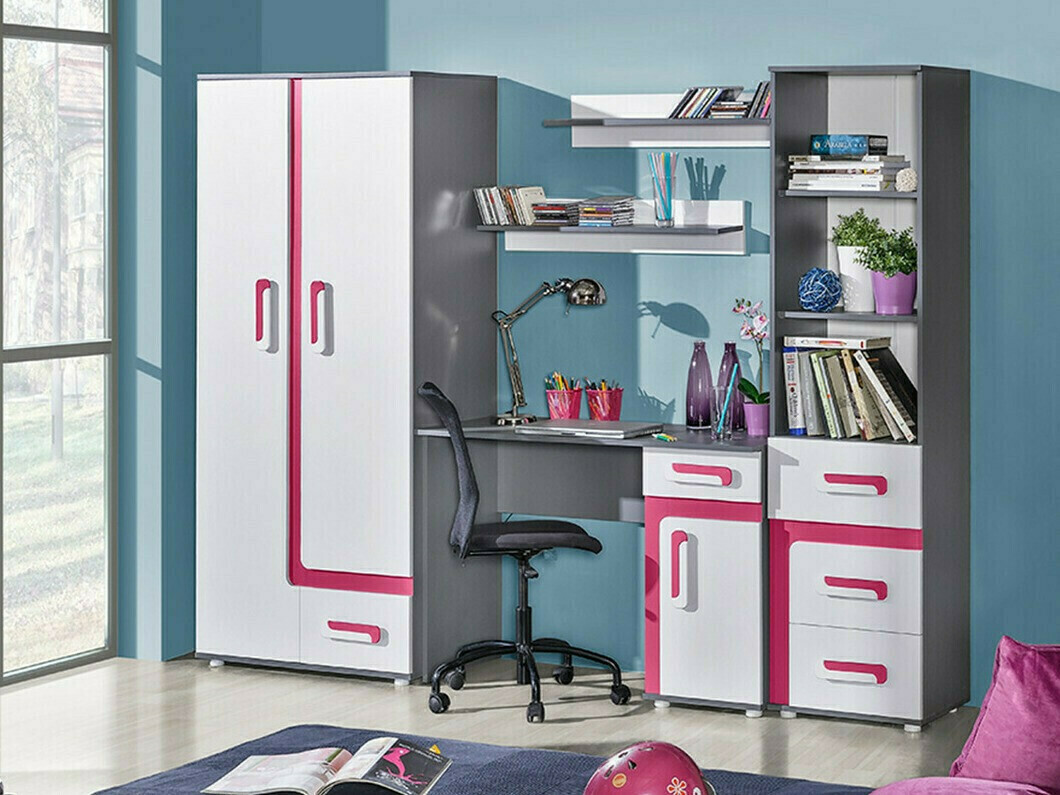 Boekenkast Levtala 103 (Antraciet + Wit + Roze)