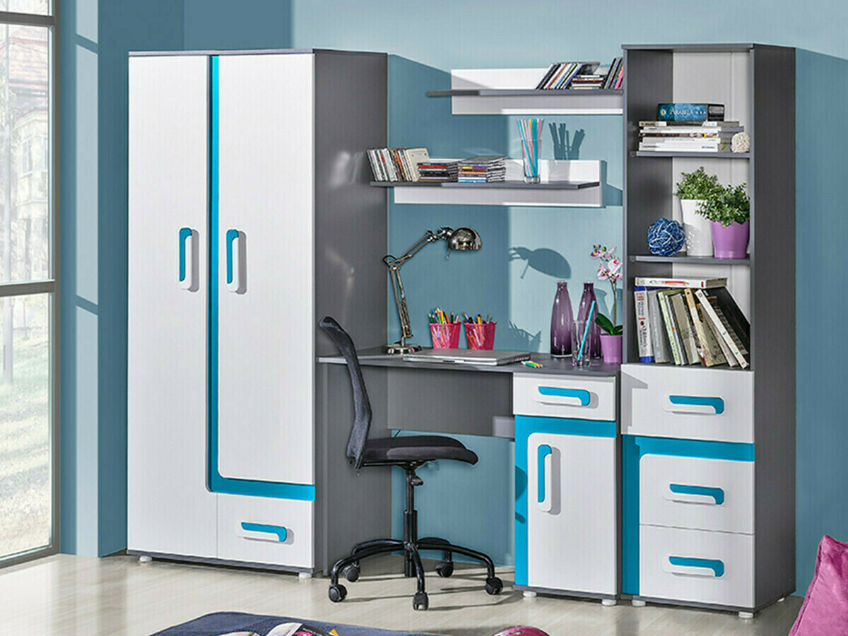 Boekenkast Levtala 103 (Antraciet + Wit + Turquoise)