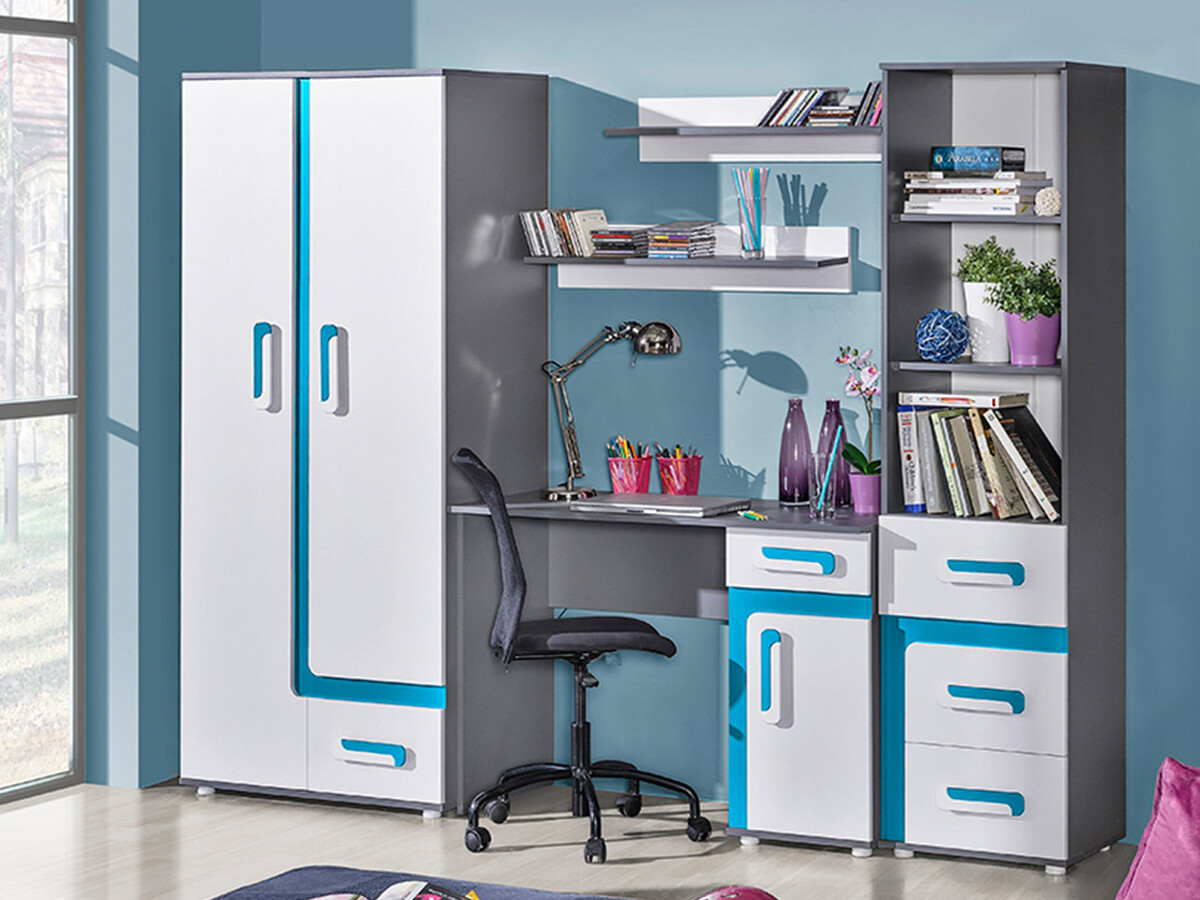 De reeks van de kinderkamer Levtala 116 (Antraciet + Wit + Turquoise)