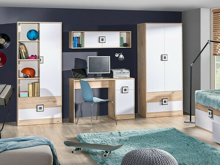 Boekenkast Balvire 105 (Licht eiken + Wit + Turquoise)