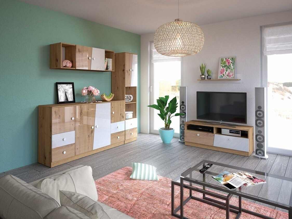 Wandkast Mirelbu 111 (Artisan eiken + Glanzend wit + Zwart)