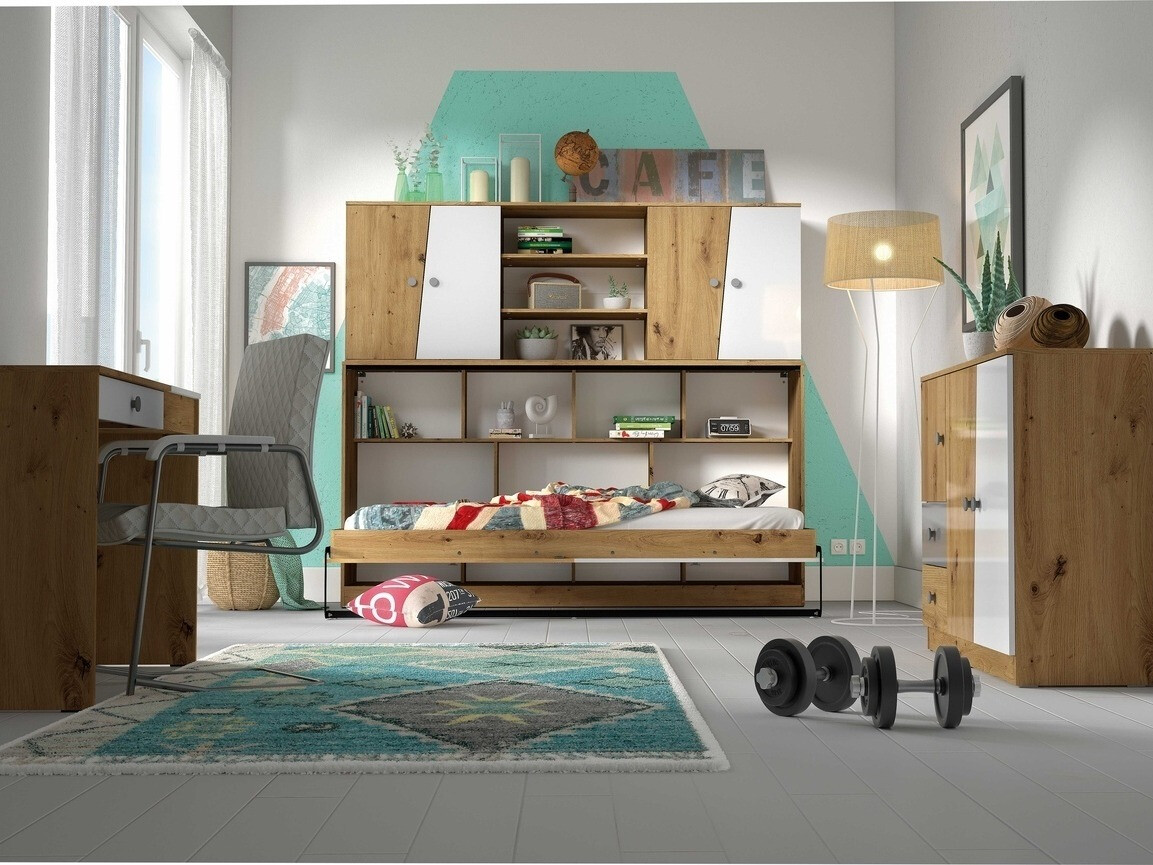 Wandkast Mirelbu 115 (Artisan eiken + Glanzend wit + Grijs)