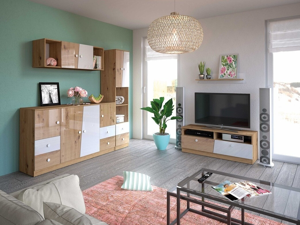 Ladekast Mirelbu 105 (Artisan eiken + Glanzend wit + Glanzend zwart)