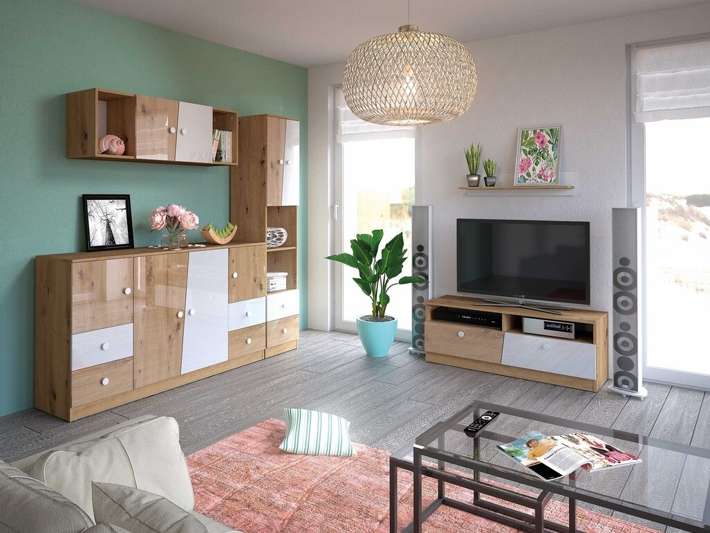 Ladekast Mirelbu 105 (Artisan eiken + Glanzend wit)