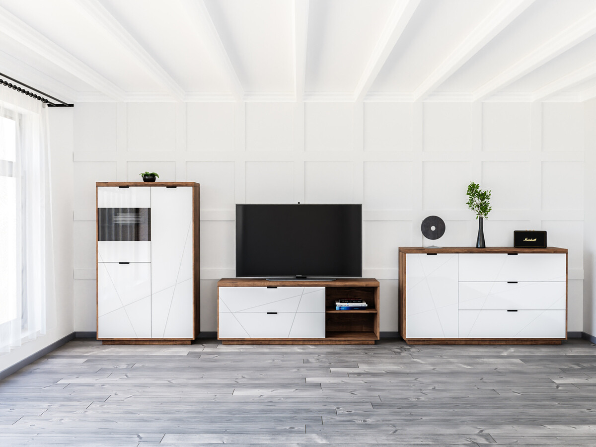 Woonkamerset Fivale 110 (Donker delano-eik + Glanzend wit)