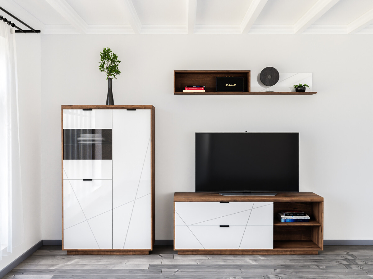 Woonkamerset Fivale 111 (Donker delano-eik + Glanzend wit)