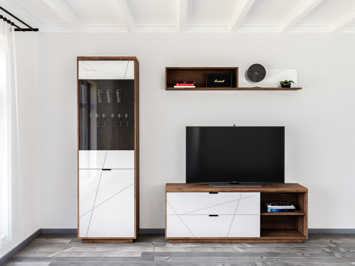 Woonkamerset Fivale 113 (Donker delano-eik + Glanzend wit)