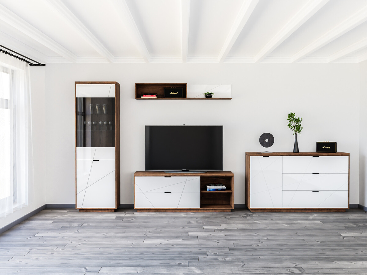 Woonkamerset Fivale 114 (Donker delano-eik + Glanzend wit)