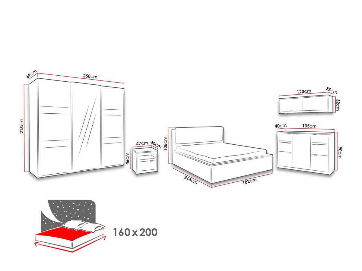 Slaapkamer set Fivelbo 120 (Gebleekt eiken + Grafiet glanzend)