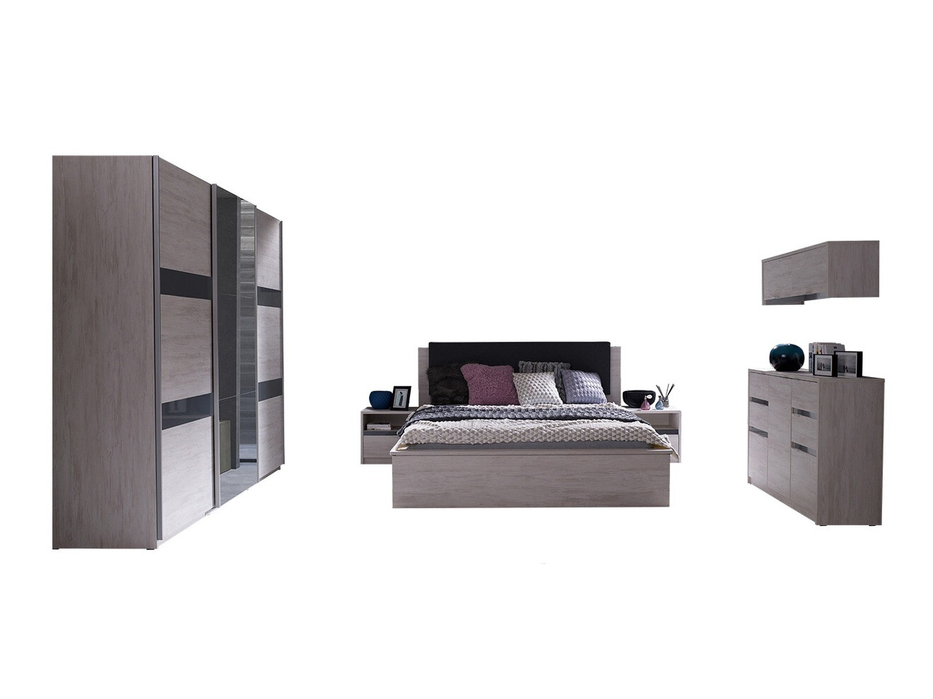 Slaapkamer set Fivelbo 120 (Gebleekt eiken + Grafiet glanzend)