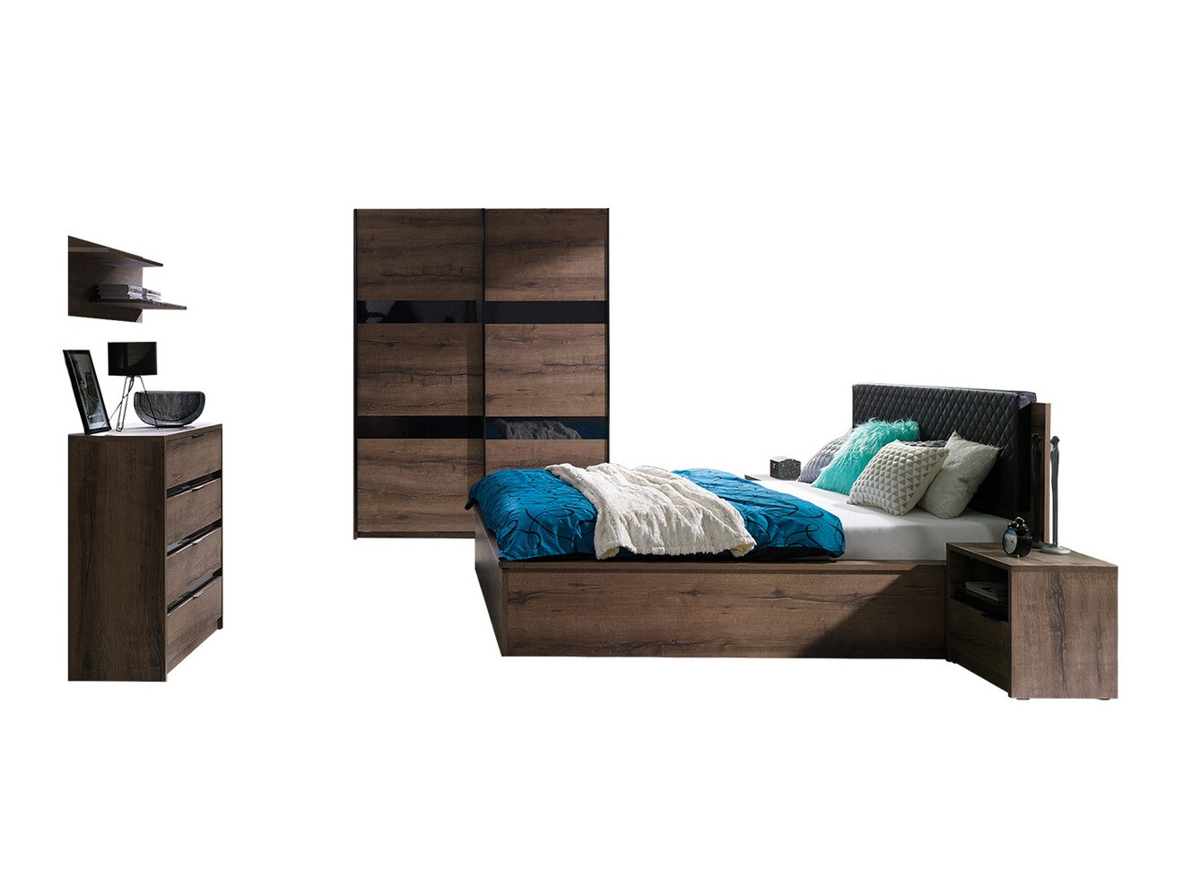 Slaapkamer set Fivelbo 121 (Klooster eik + Glanzend zwart)