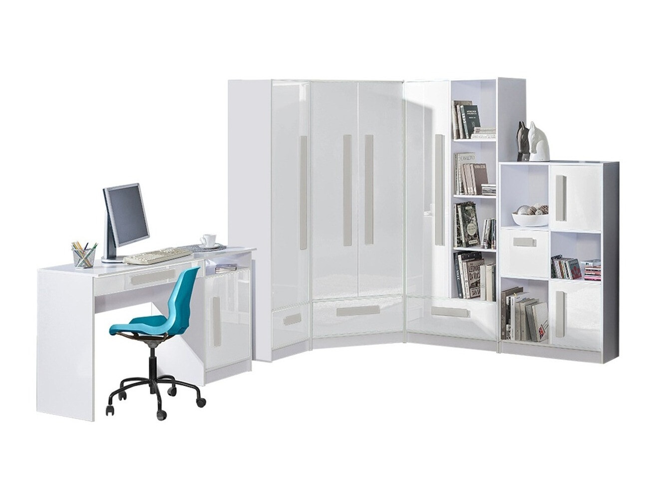 De reeks van de kinderkamer Merevari 107 (Wit + Glanzend wit + Grijs)