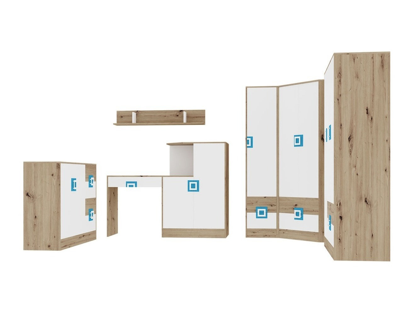 Meubelset Tolfere 106 (Licht eiken + Wit + Turquoise)