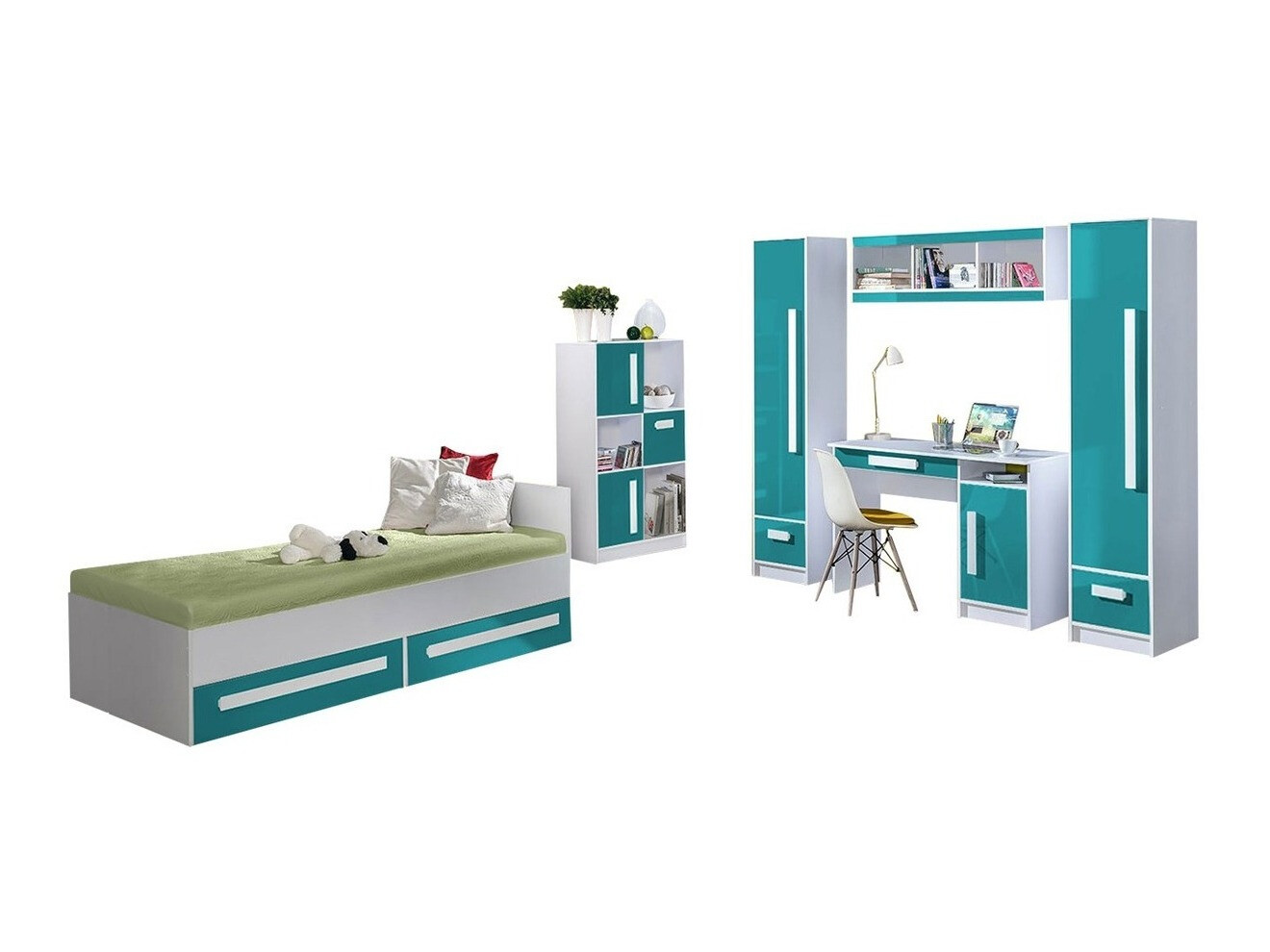 De reeks van de kinderkamer Merevari 108 (Wit + Glans Turquoise)