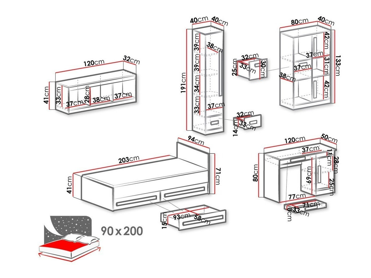 De reeks van de kinderkamer Merevari 108 (Wit + Glanzend wit + Grijs)