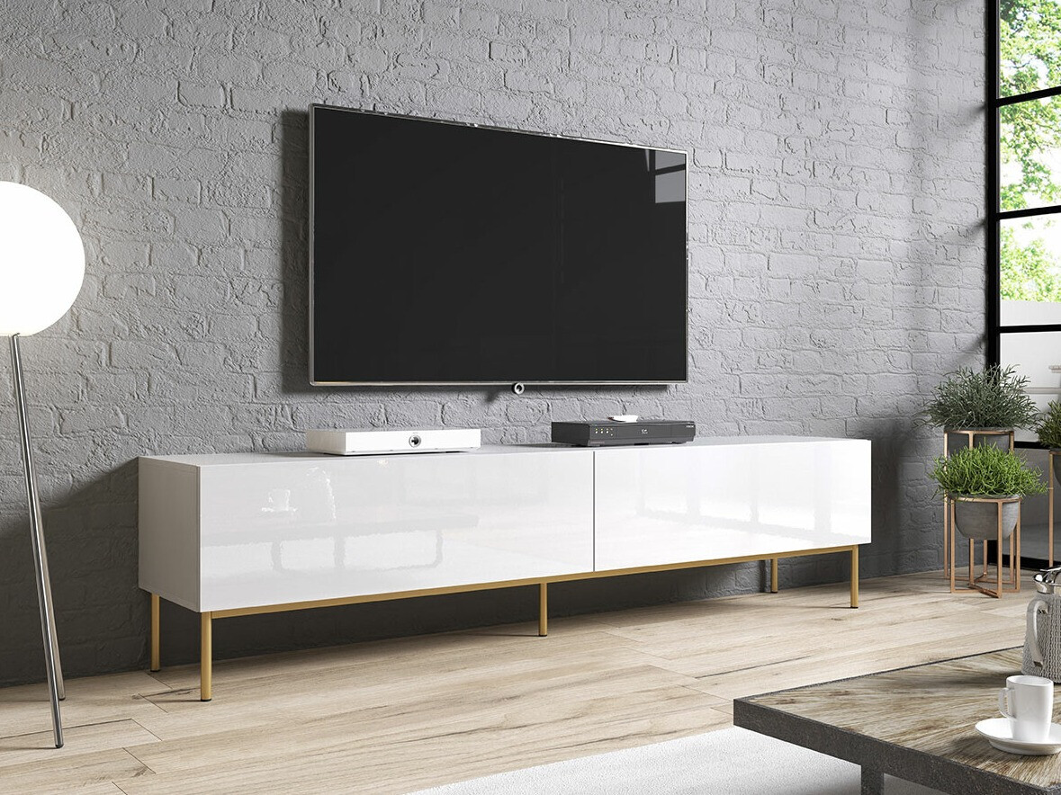 TV-meubel Charlotte 160 (Wit + Glanzend wit + Gouden)