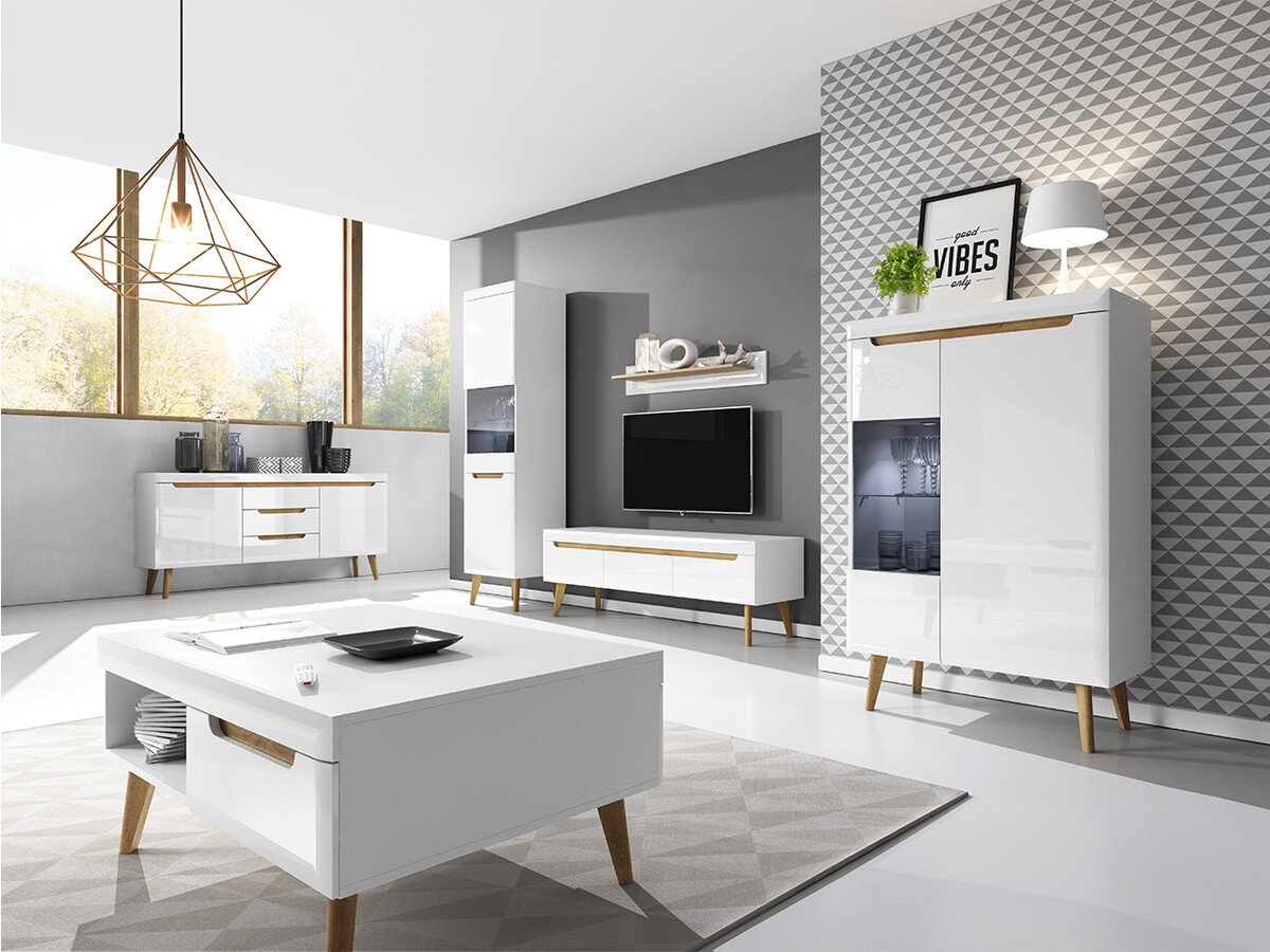 Wandplank Lima 135 (Wit + Glanzend wit + Riviera eiken)