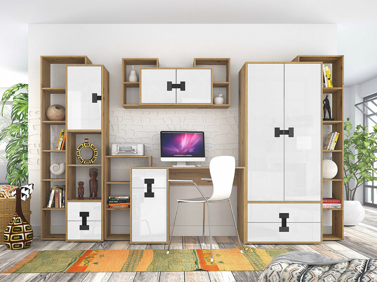 Kledingkast Florevi 113 (Glanzend wit + Artisan eiken)