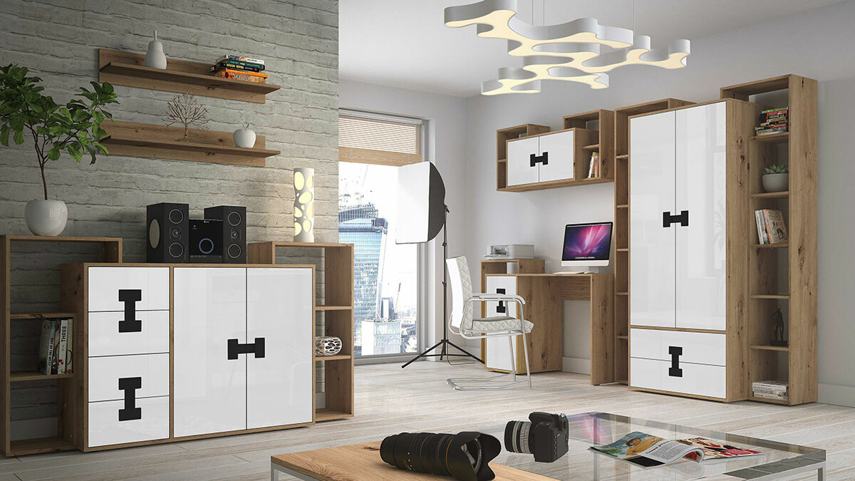 Wandkast Florevi 107 (Glanzend wit + Artisan eiken)