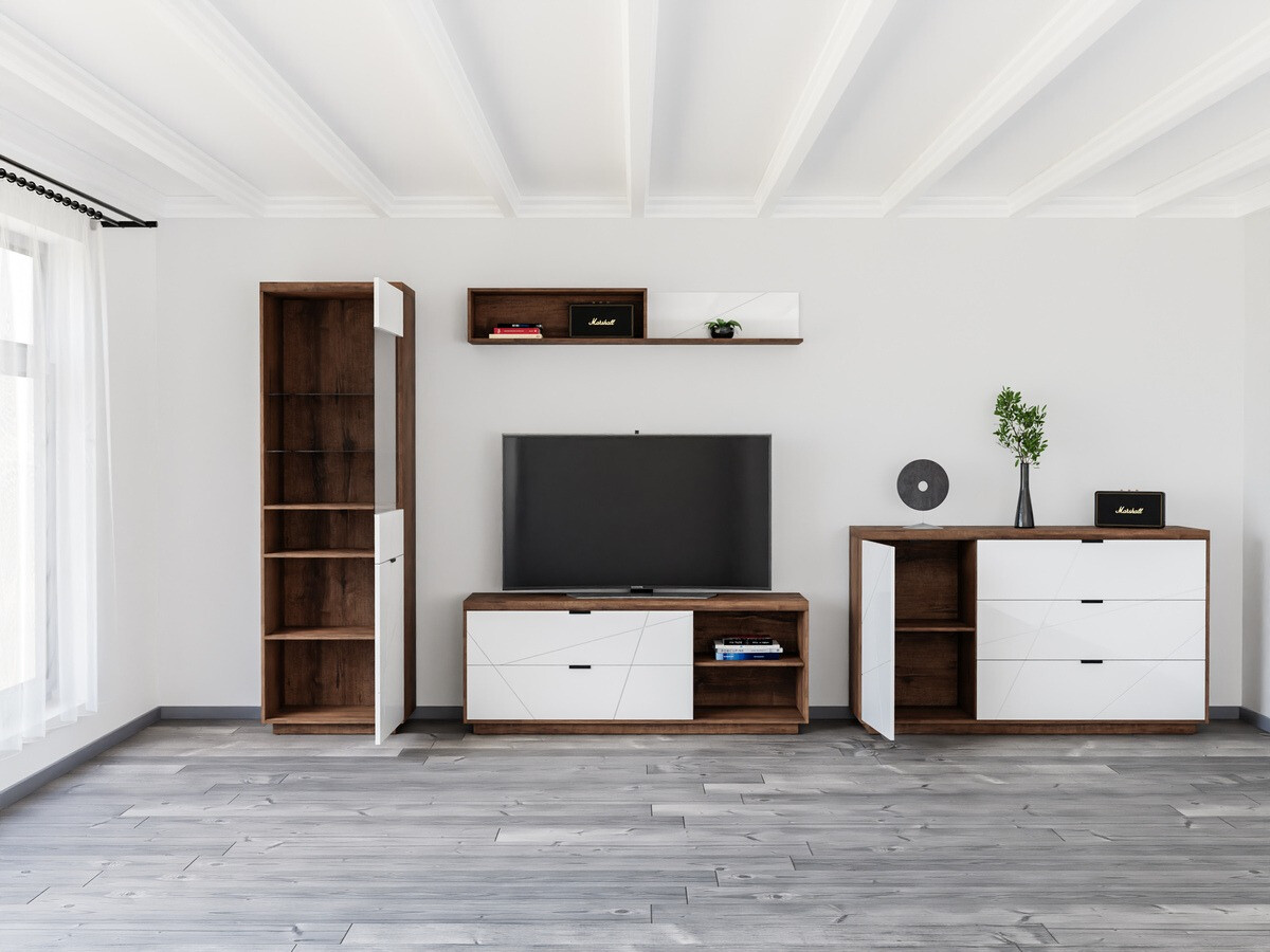 Woonkamerset Fivale 114 (Donker delano-eik + Glanzend wit)