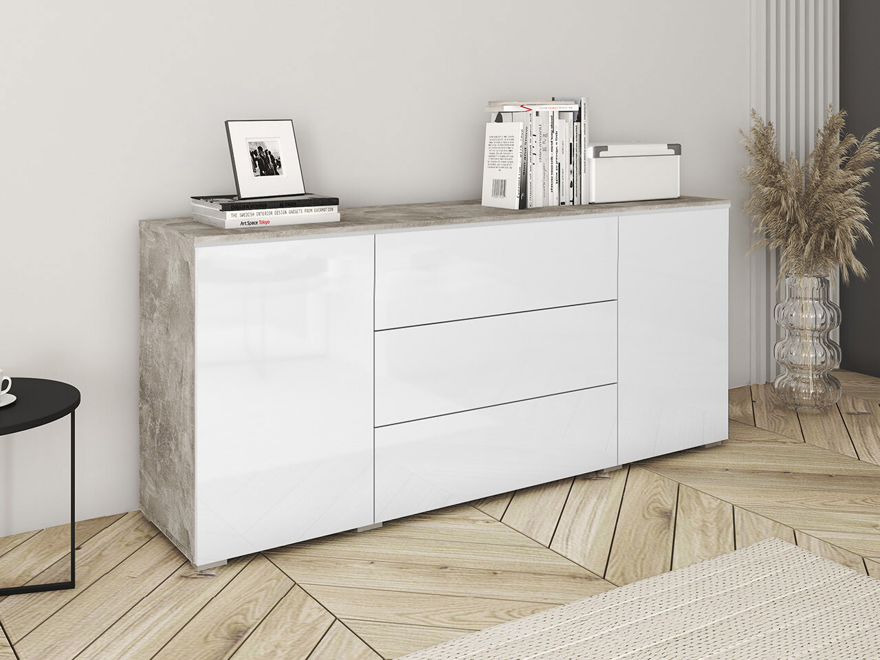 Ladekast Mirfivo 102 (Beton + Glanzend wit)