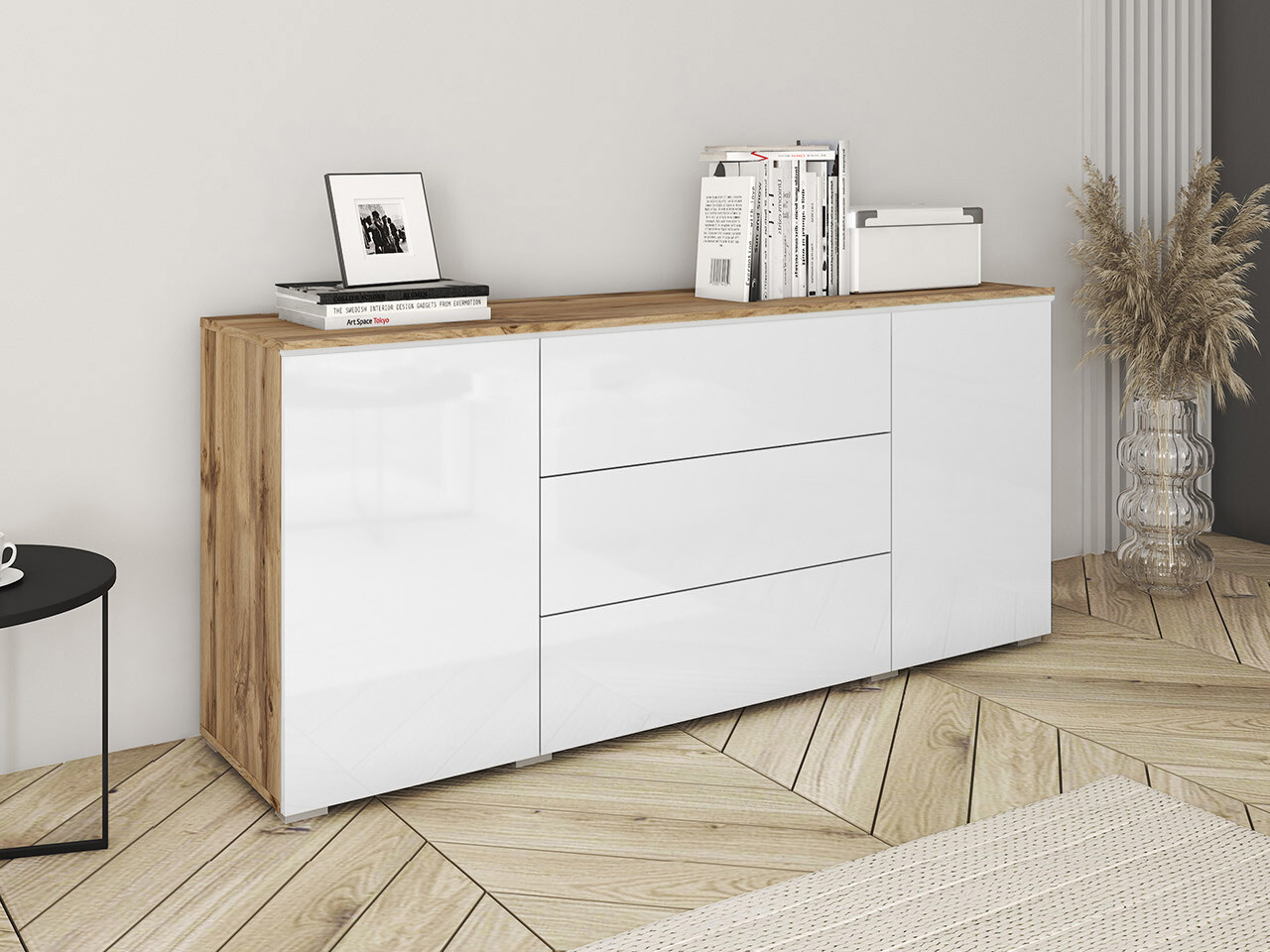 Ladekast Sarasota 142 (Wotan eik + Glanzend wit)