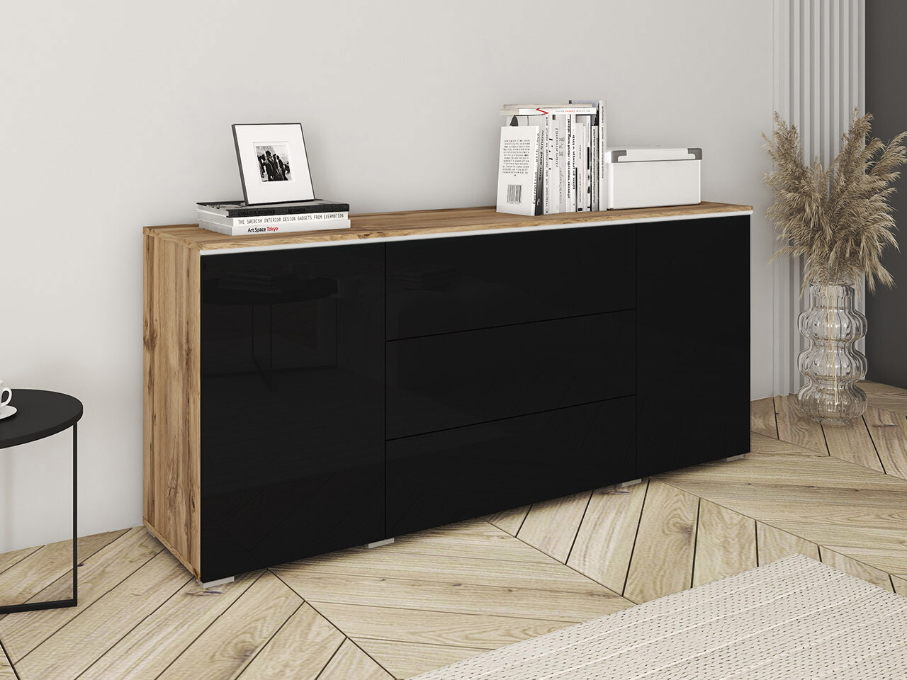 Ladekast Sarasota 142 (Wotan eik + Glanzend zwart)